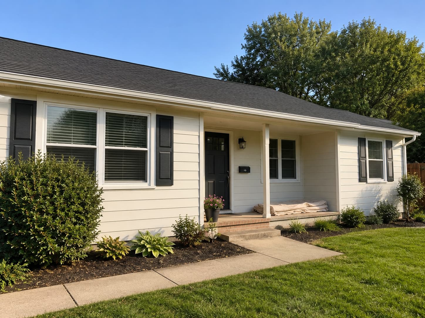 Ranch home exterior painted cream with charcoal shutters