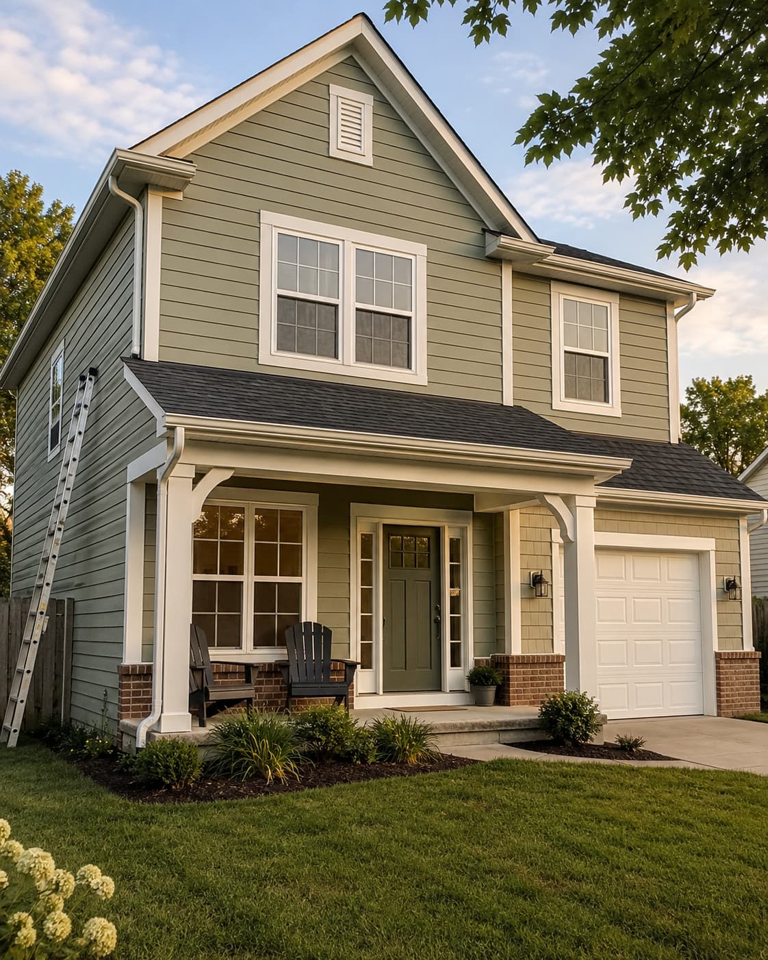 Freshly painted sage-green home exterior with white trim